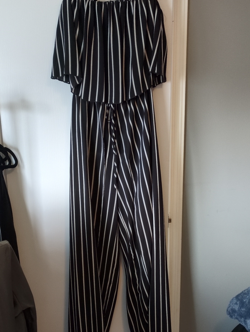 Eclipse Black and White Striped Off-Shoulder Jumpsuit